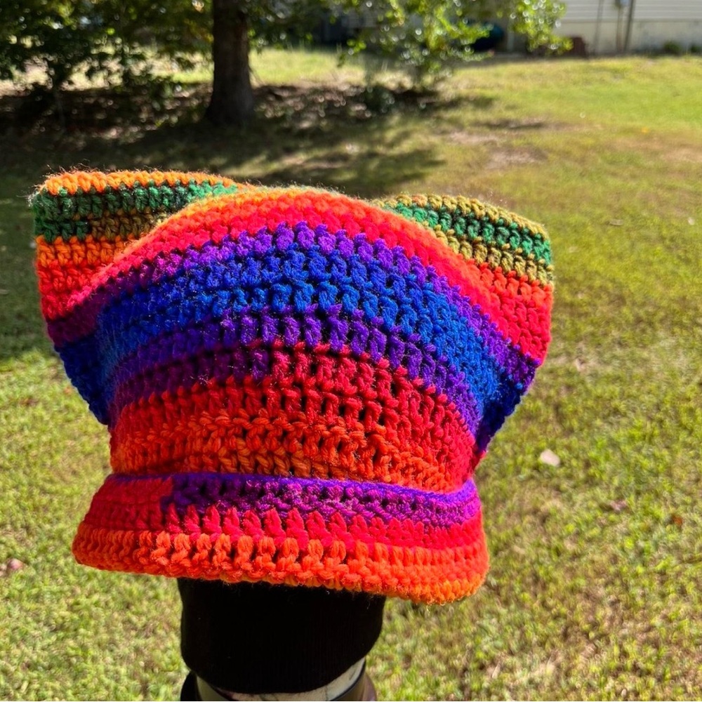 Oversized Colorful Crochet Cat Ear Bucket Hat Square Beanie